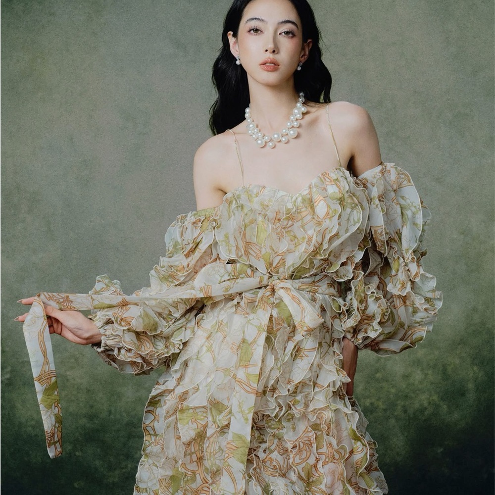 Off-Shoulder Ruffle Maxi Dress in Soft Sage Floral - Picture 2 of 2